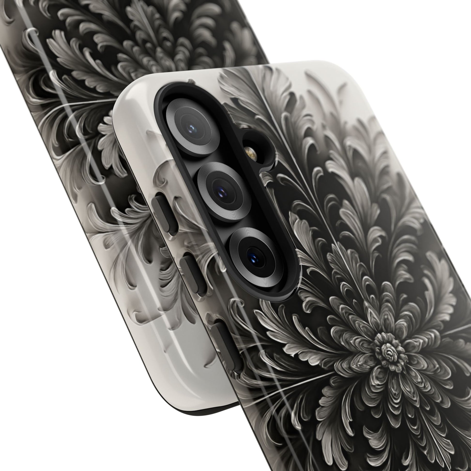 Obsidian Bloom - Elegant Black & White Samsung Galaxy S25 Plus Tough Phone Case - Intricate Mandala Flower Design