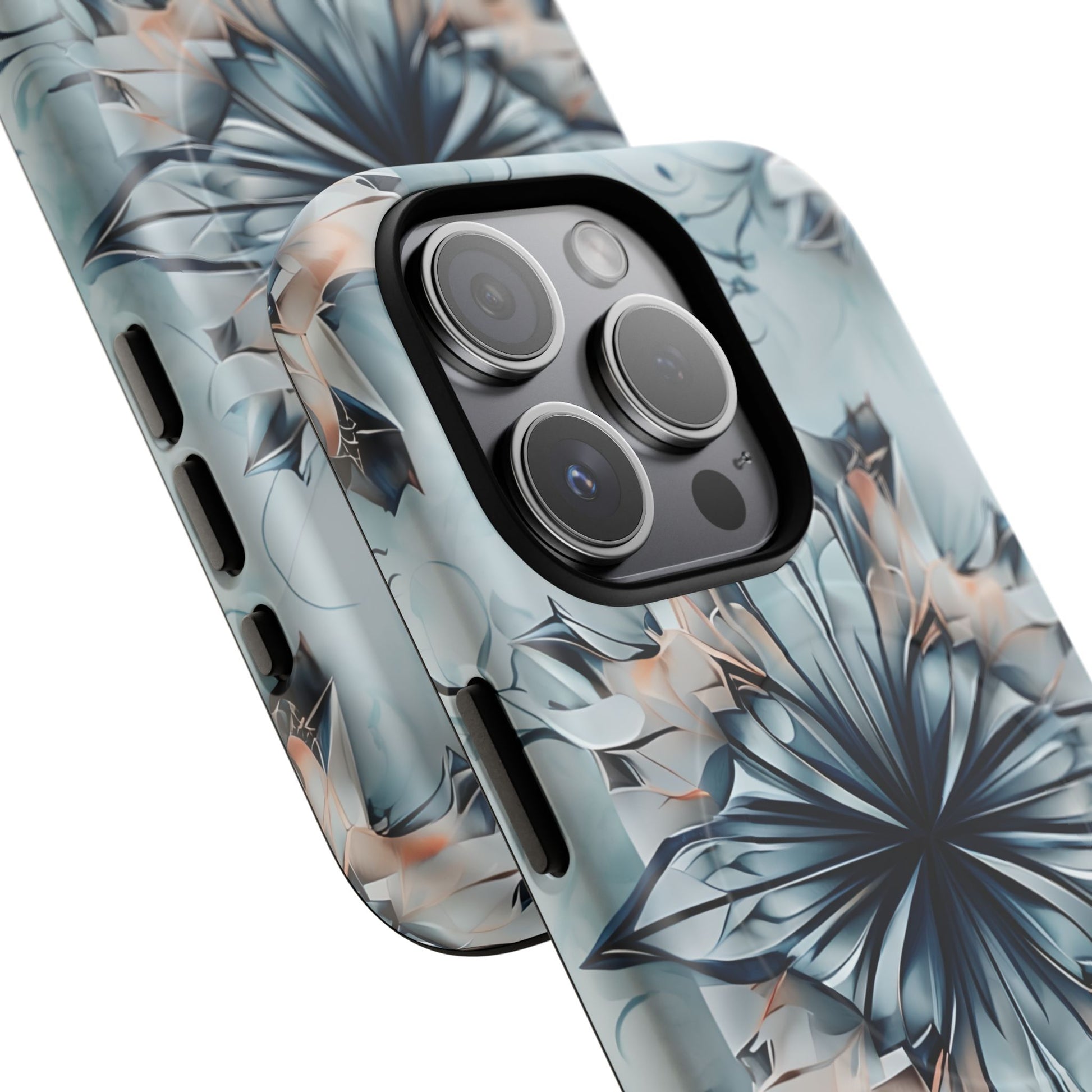 Indigo Mirage - Artistic Kaleidoscope Collection Artistic Floral - iPhone 15 Pro MagSafe Phone Case -Bold Indigo Symmetrical Design