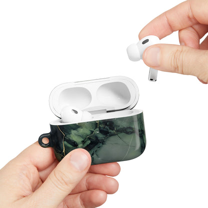 Hand placing AirPods into Verdant Vein AirPods case with green marble vein design