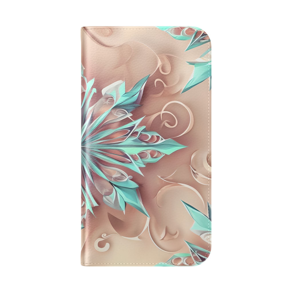 Frosted Petals iPhone 16 Wallet Case - Soft Floral Kaleidoscope Design in Blush & Aqua
