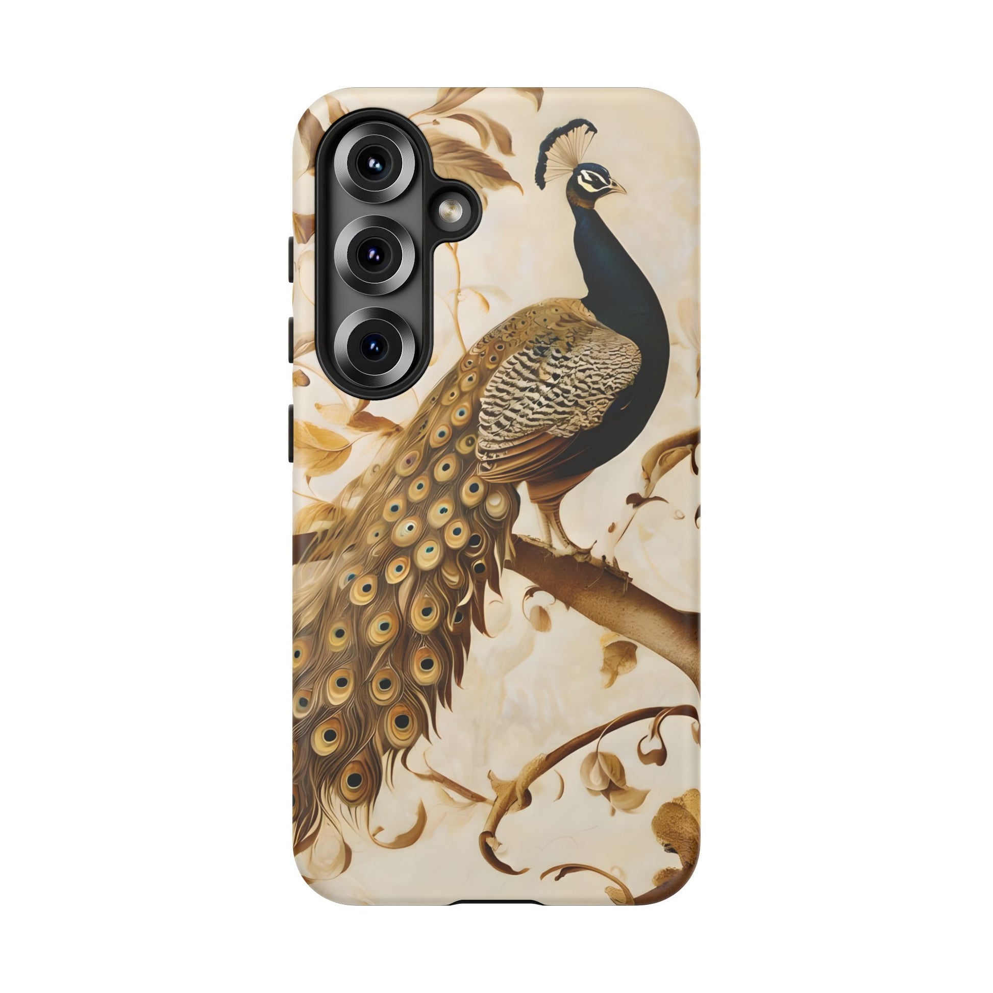 Golden Plumage - Luxe Peacock Art Samsung Galaxy S25 Phone Case - Elegant Gold & Cream Design