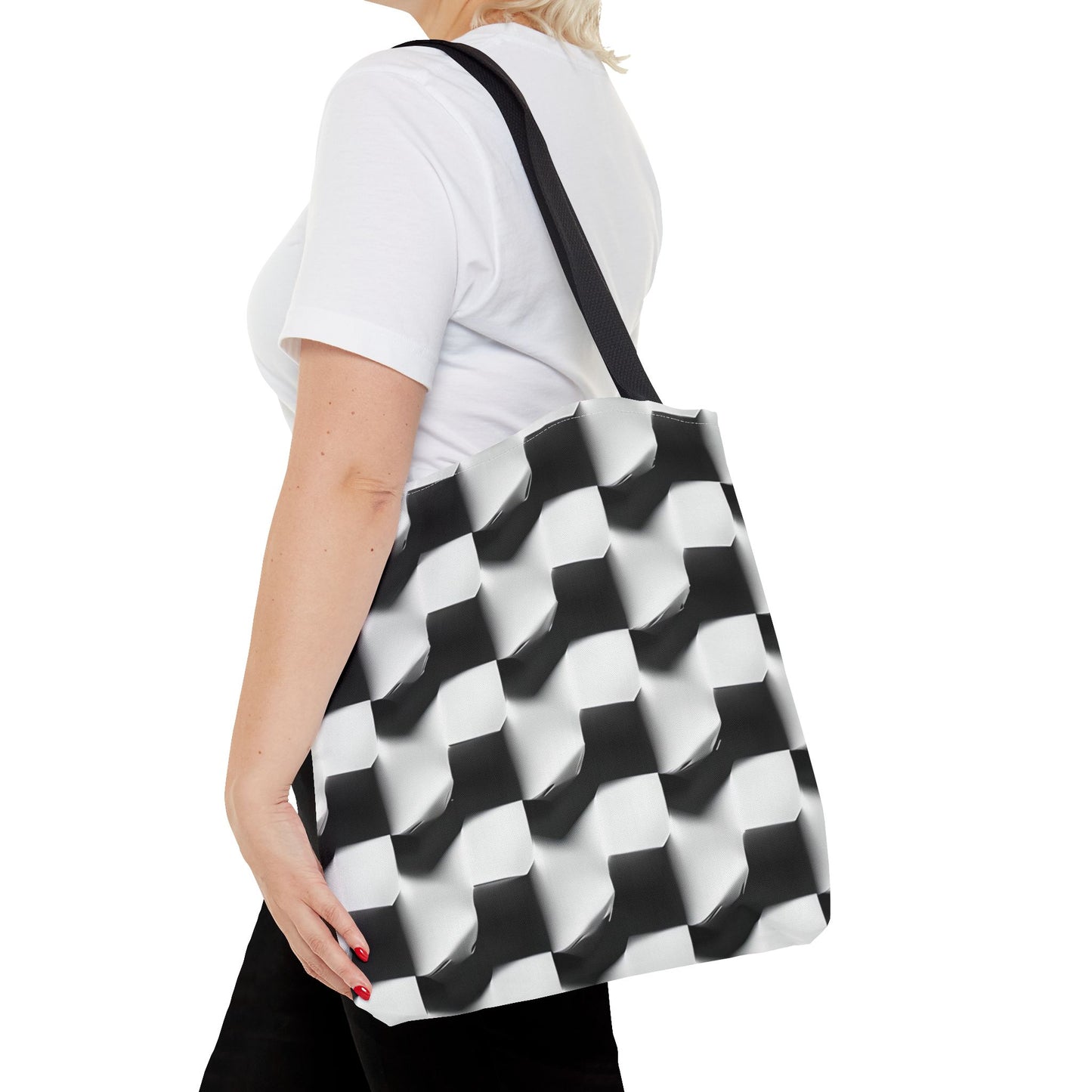 Monochrome Grid Canvas Tote Bag (16x16 & 18x18) - Cozy Reading Nook Design Eco-Friendly Shopping Bag