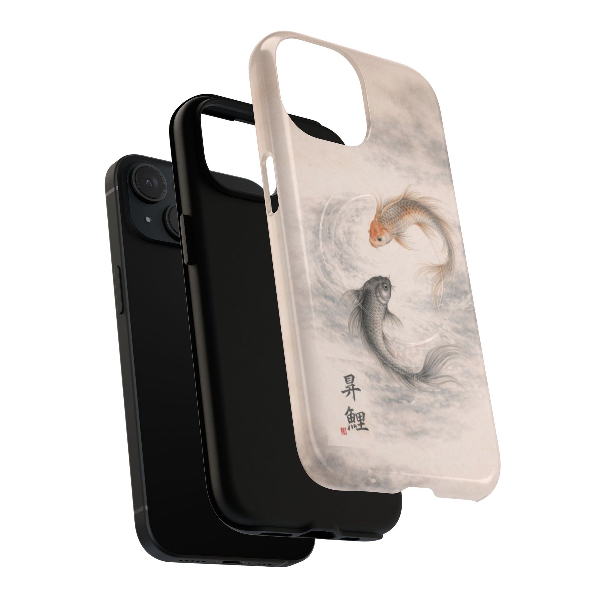 Rising Koi aesthetic phone case showing dual layer protection, Japanese koi fish artwork with flowing movement, slim protective case for iPhone in neutral tones