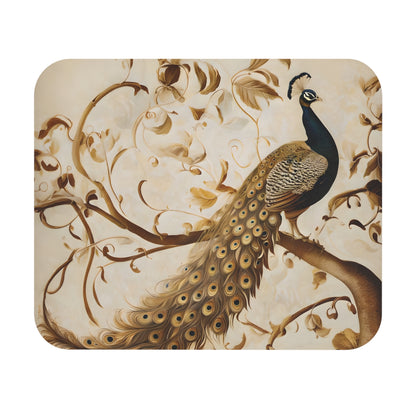 Golden Plumage mouse pad featuring elegant golden peacock feather illustration