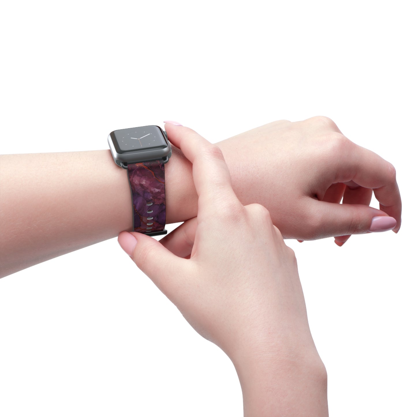 Amethyst Current Apple Watch band worn on wrist featuring flowing amethyst purple abstract design