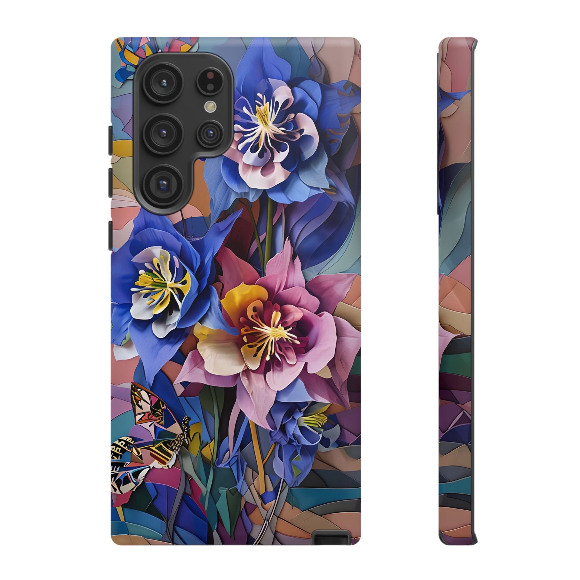 Blue Columbine Carnivale - Artistic Floral & Butterfly Samsung S22 Ultra Tough Phone Case - Vibrant Botanical Design