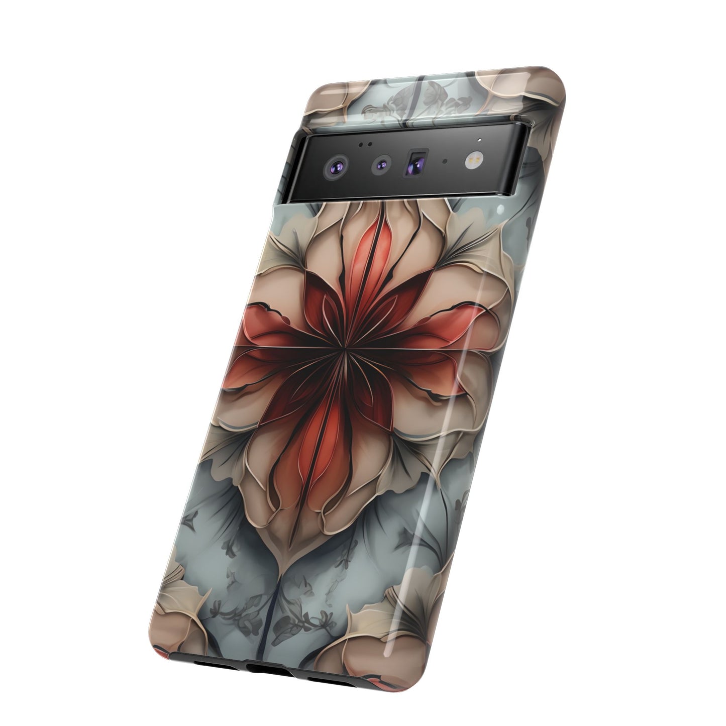 Ember Bloom - Kaleidoscope Collection Artistic Floral - Google Pixel Tough Phone Case - Fiery Symmetrical Design