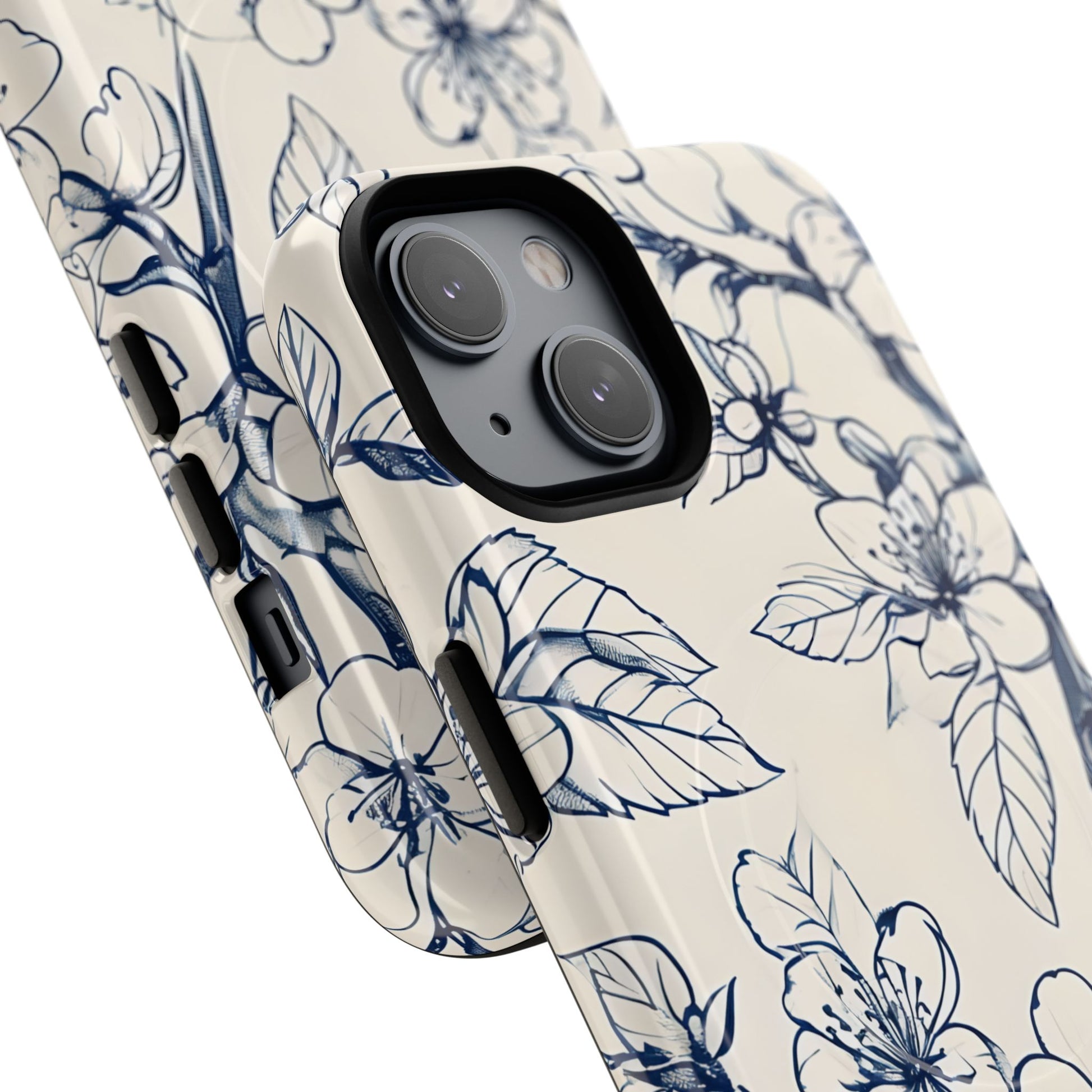 Blossom Sketch - Artistic Blue Floral - iPhone 14 MagSafe Phone Case - Hand-Drawn Botanical Design