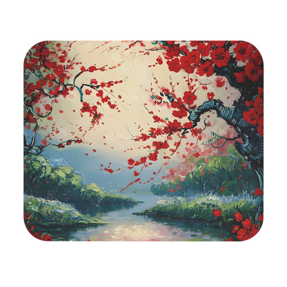 Crimson Blossom mouse pad featuring red blossom landscape artwork