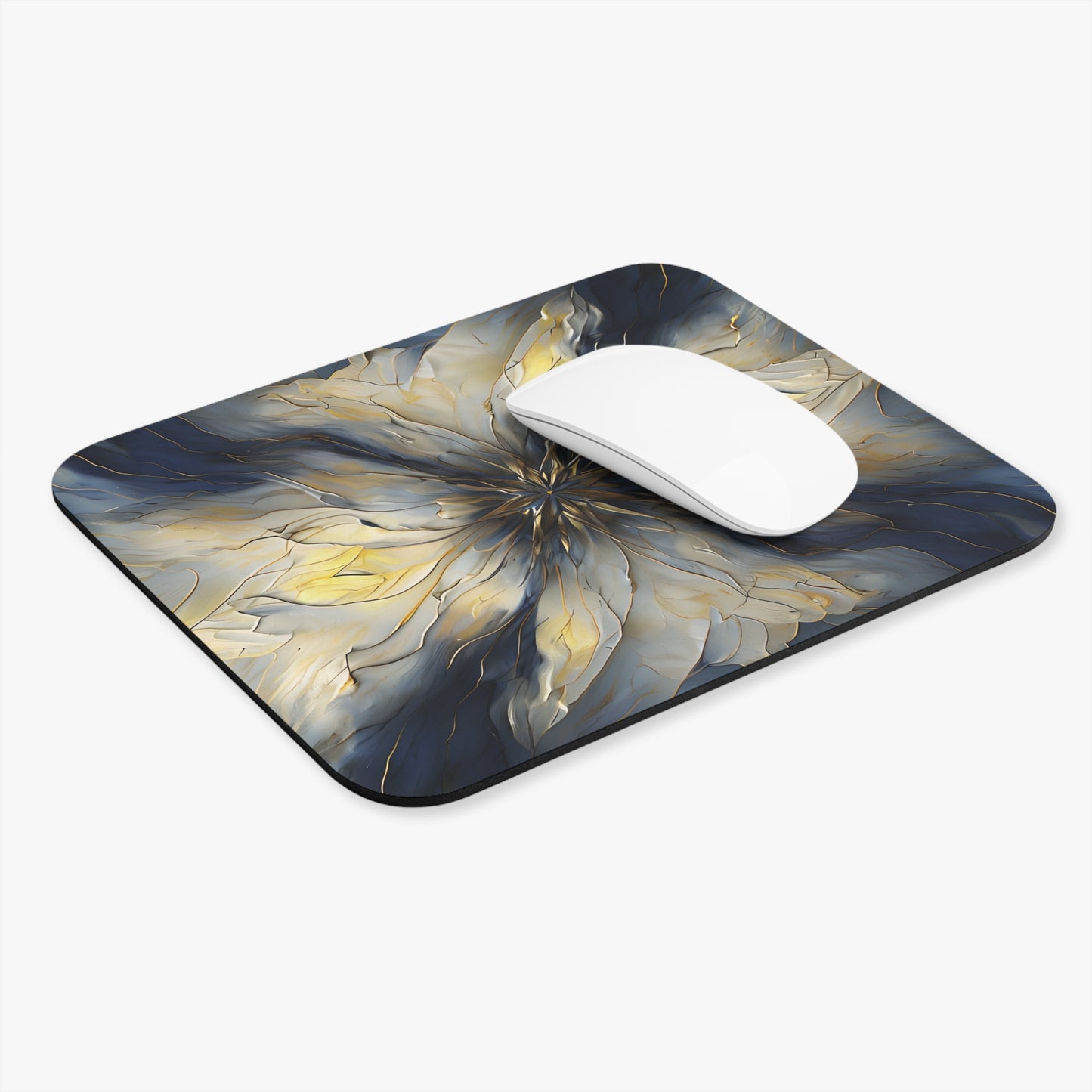 Luminous Petal mouse pad in workspace with mouse showing radiant floral mandala artwork