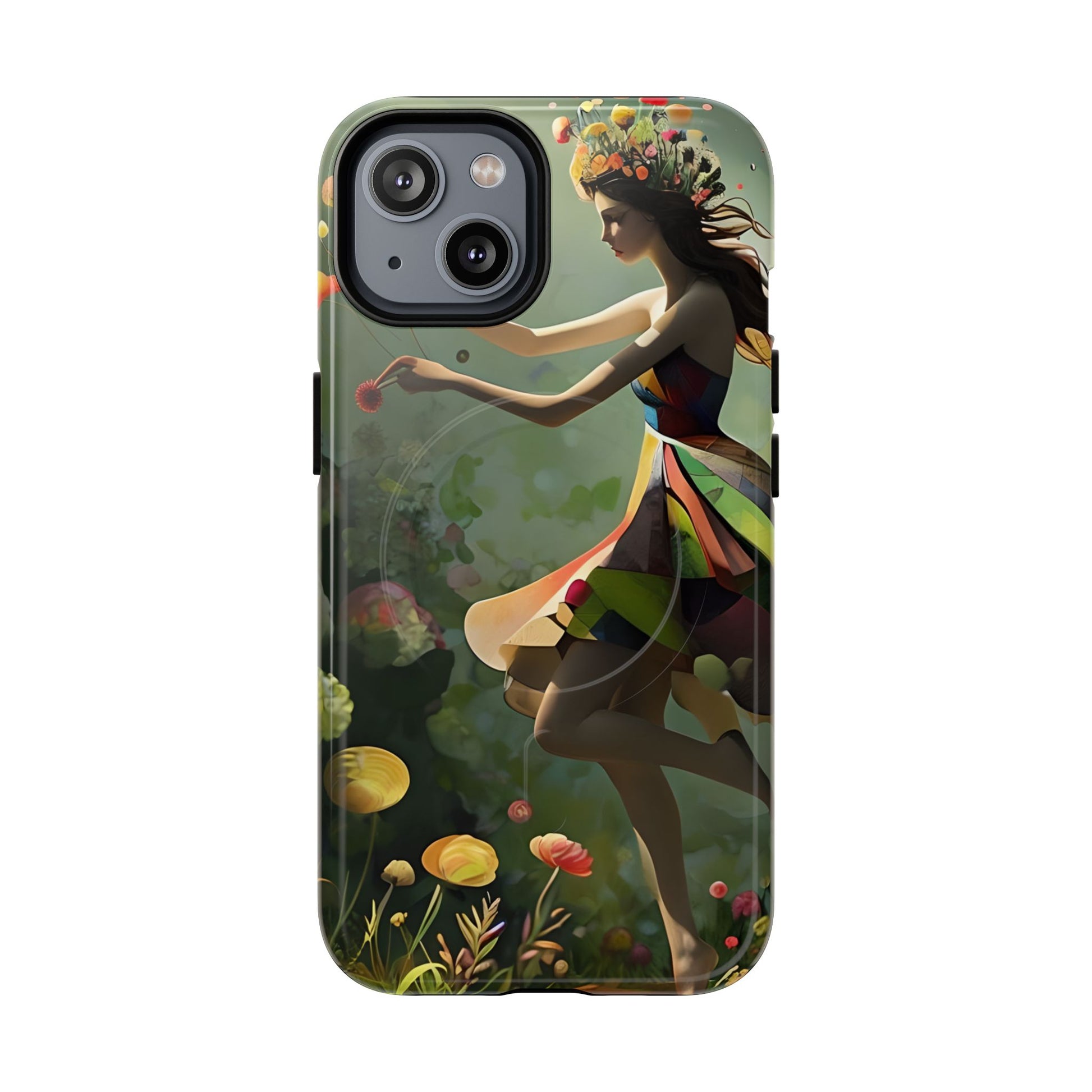 Dancing Wildflower Muse iPhone 14- Artistic Floral Fantasy Cover - MagSafe Compatible - Whimsical Nature-Inspired Protective Accessory