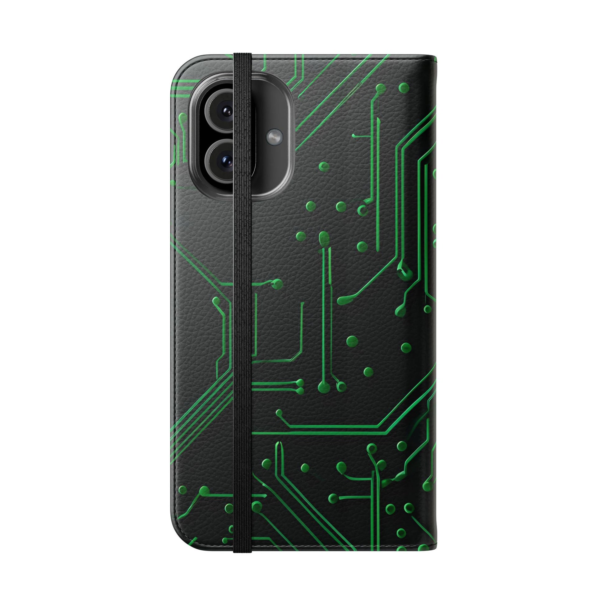 Green Circuit Grid Wallet Phone Case - Green & Black Computer Circuit Design - Flip Cover for iPhone 16 Plus