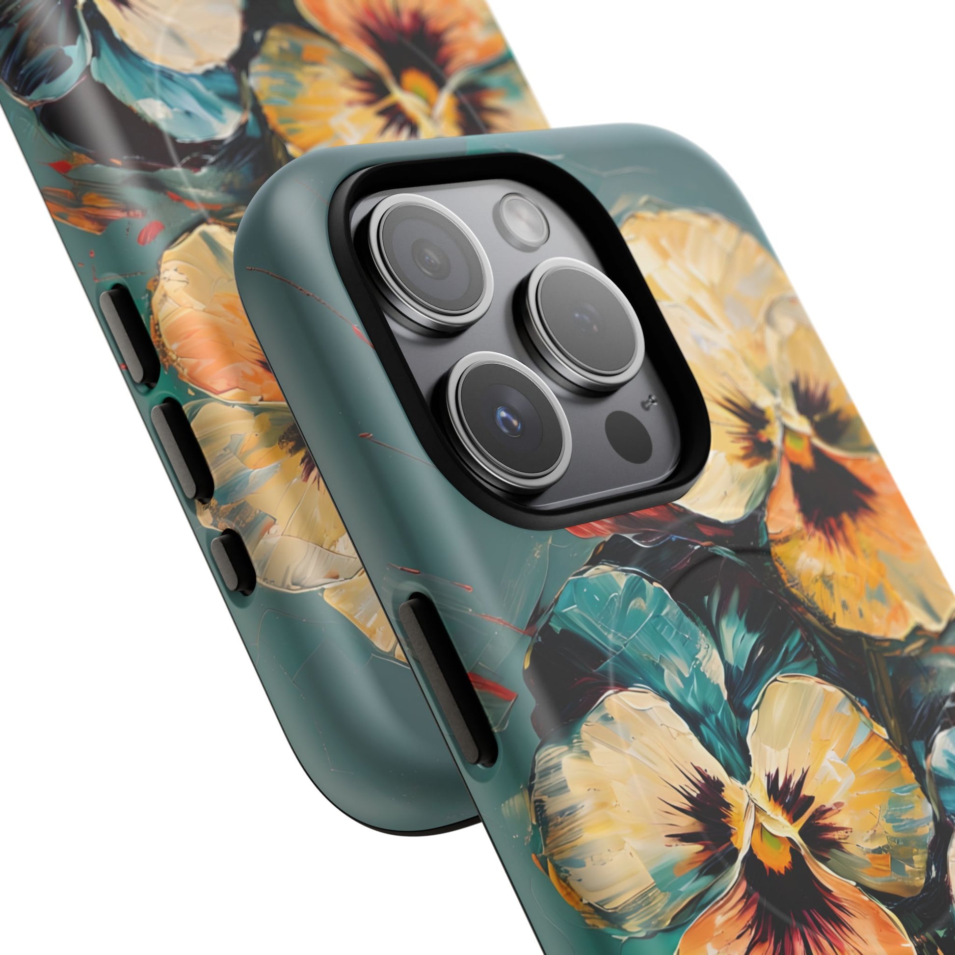 Golden Pansy Cascade - Elegant Floral iPhone 15 Pro MagSafe Case with Deep Teal Background