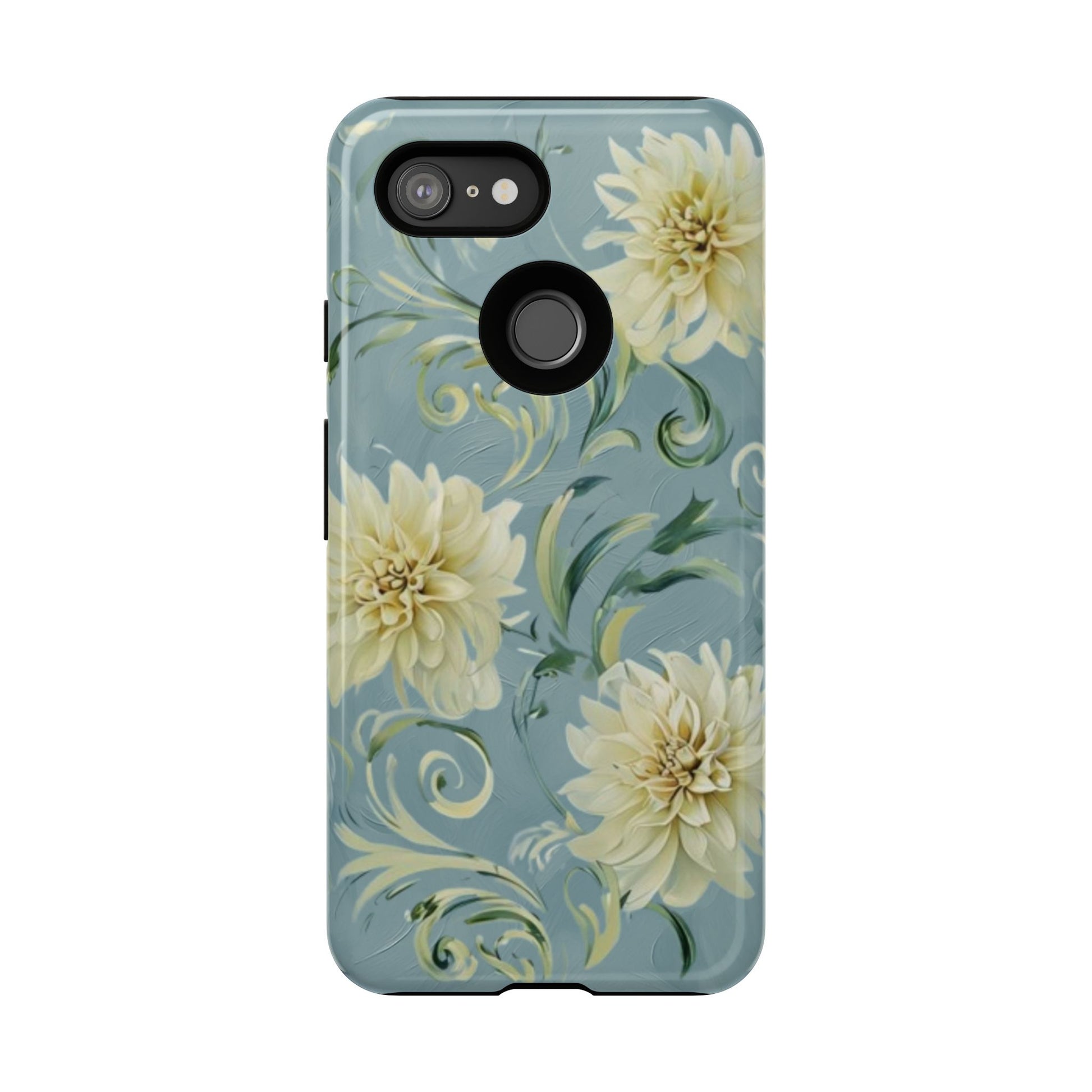 Golden Dahlia Trio - Elegant Floral Google Pixel 3 Tough Phone Case - Artistic White & Blue Dahlia Design