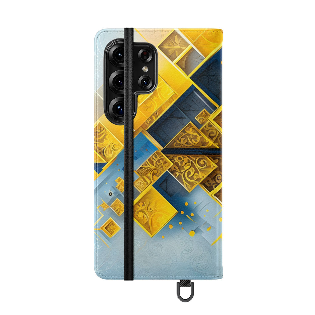 Golden Ascent Wallet Phone Case - Abstract Yellow & Blue Flip Cover for Samsung Galaxy S25 Ultra