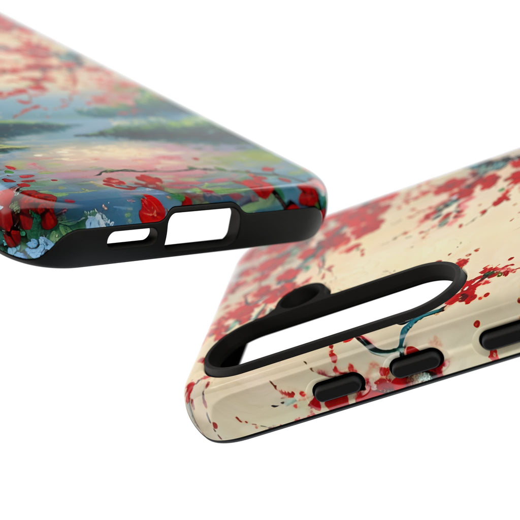 Crimson Blossom Lake - Artistic Floral Landscape Samsung Galaxy S24 Tough Phone Case - Red Cherry Blossoms & Serene Lake Design