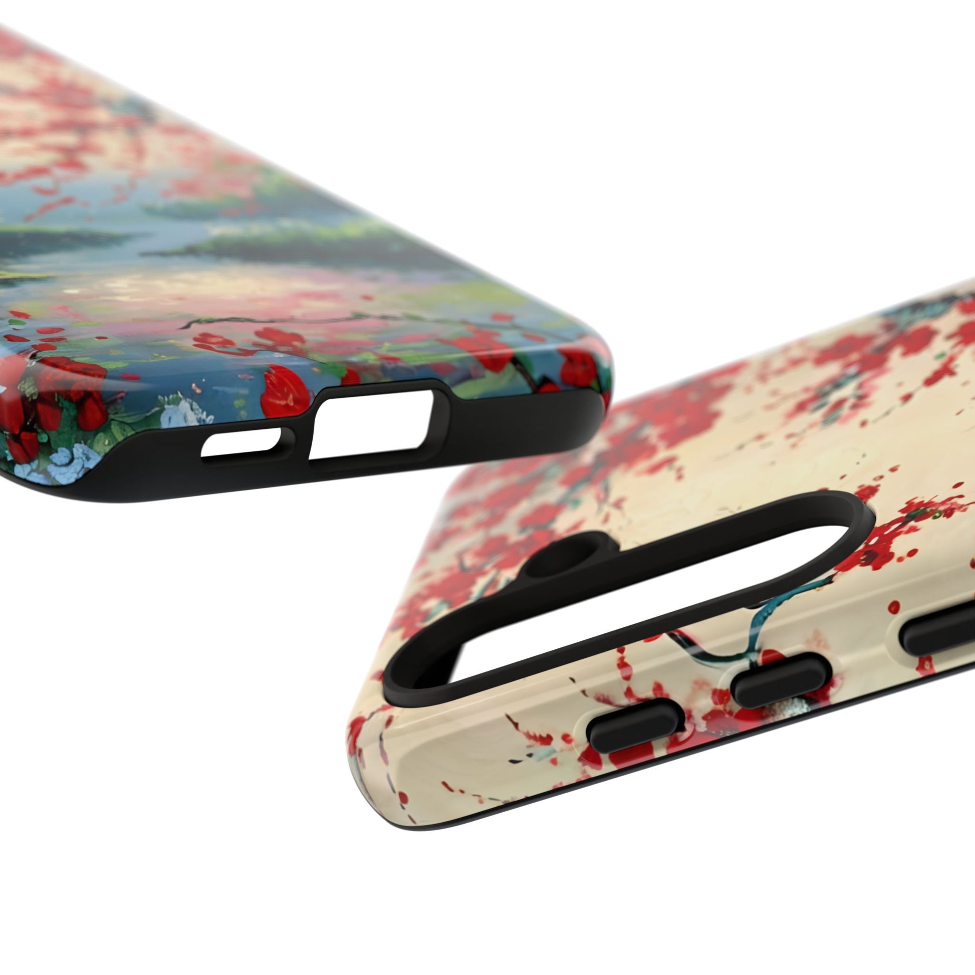 Crimson Blossom Lake - Artistic Floral Landscape Samsung Galaxy S24 Tough Phone Case - Red Cherry Blossoms & Serene Lake Design