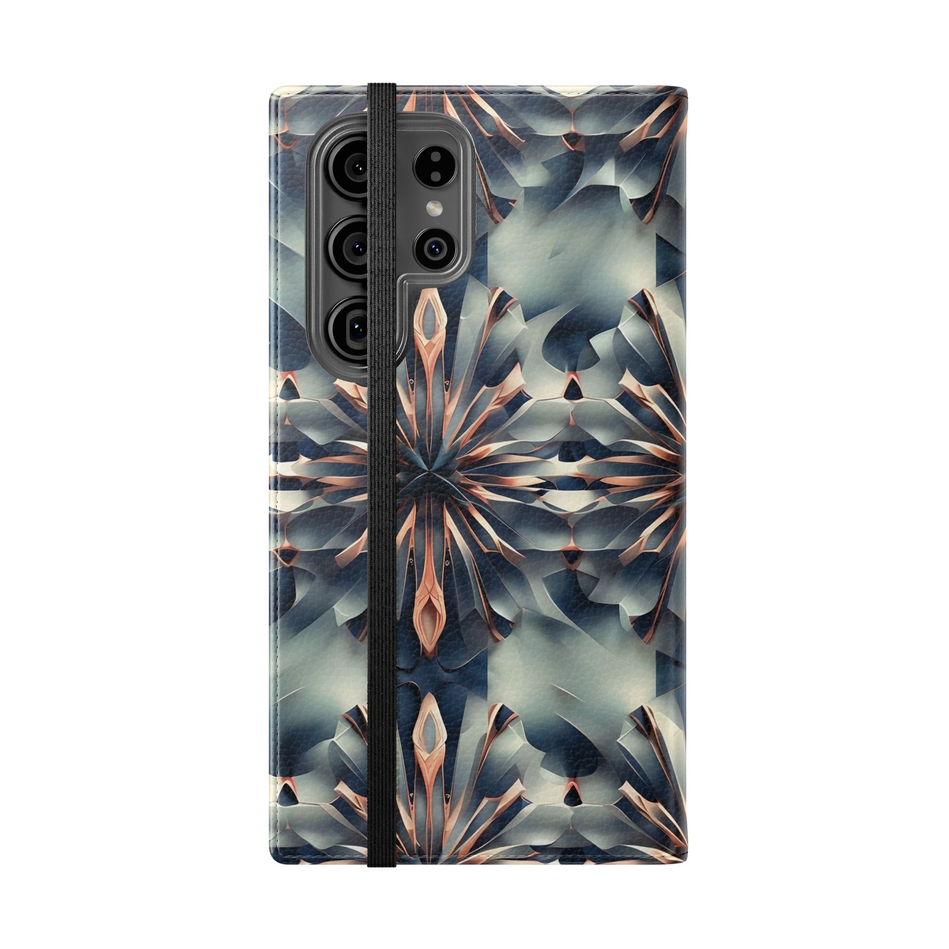 Obsidian Kaleidoscope Samsung Galaxy wallet flip phone case showing geometric kaleidoscope folio cover design