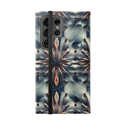 Obsidian Kaleidoscope Samsung Galaxy wallet flip phone case showing geometric kaleidoscope folio cover design