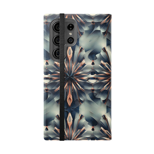 Obsidian Kaleidoscope Samsung Galaxy wallet flip phone case showing geometric kaleidoscope folio cover design