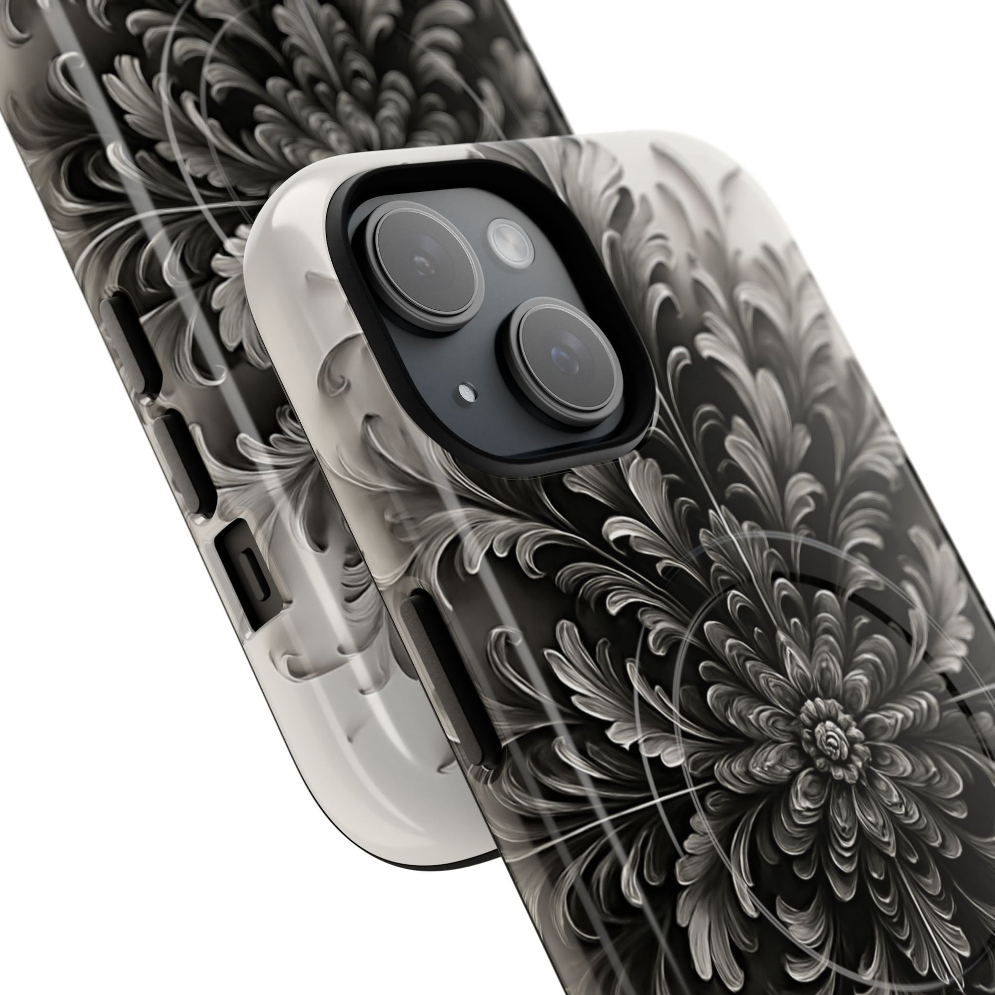 Obsidian Bloom - Elegant Black & White iPhone 15 MagSafe Phone Case - Intricate Mandala Flower Design