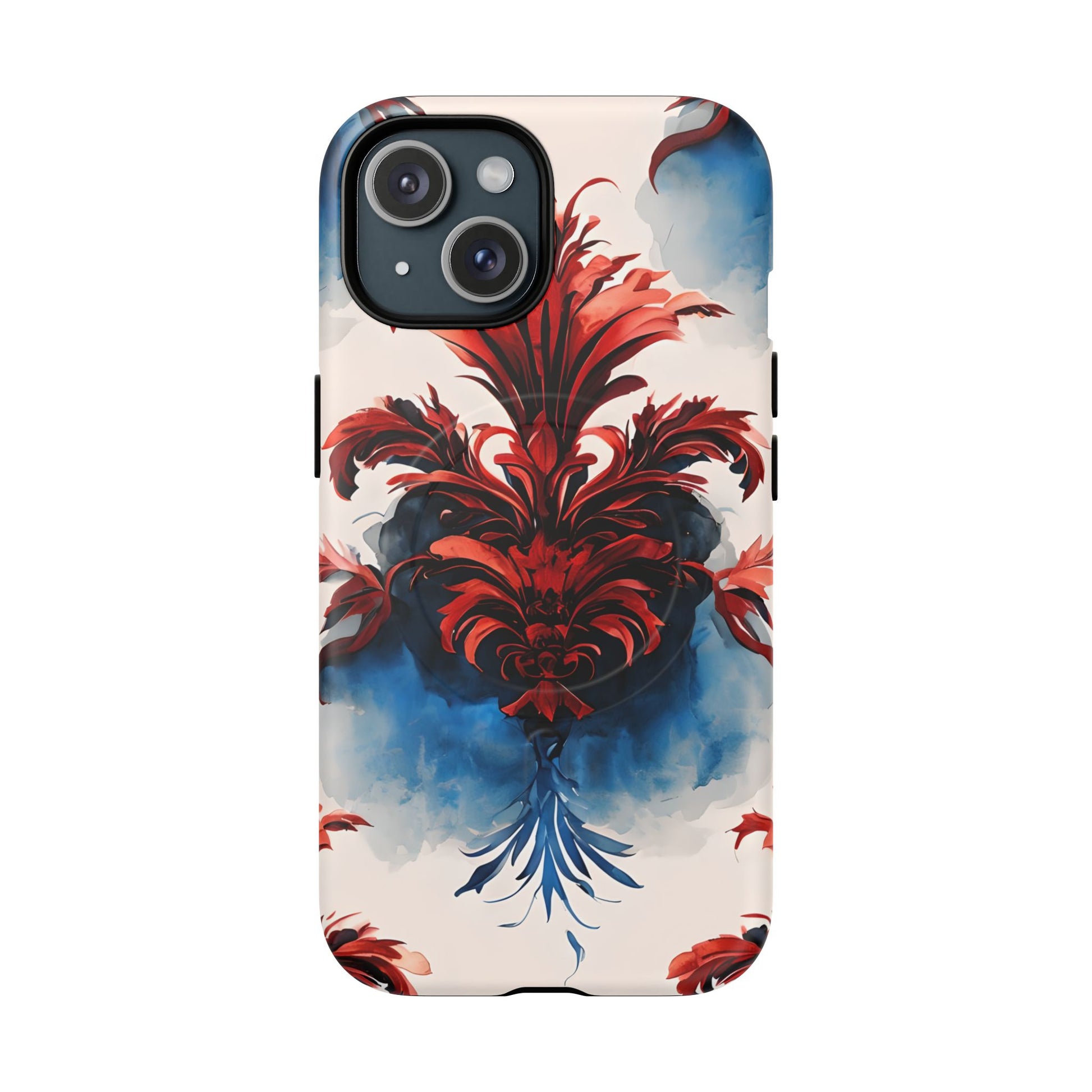 Crimson Plume - Bold Artistic Feather iPhone 15 MagSafe Phone Case - Dramatic Red & Blue Design