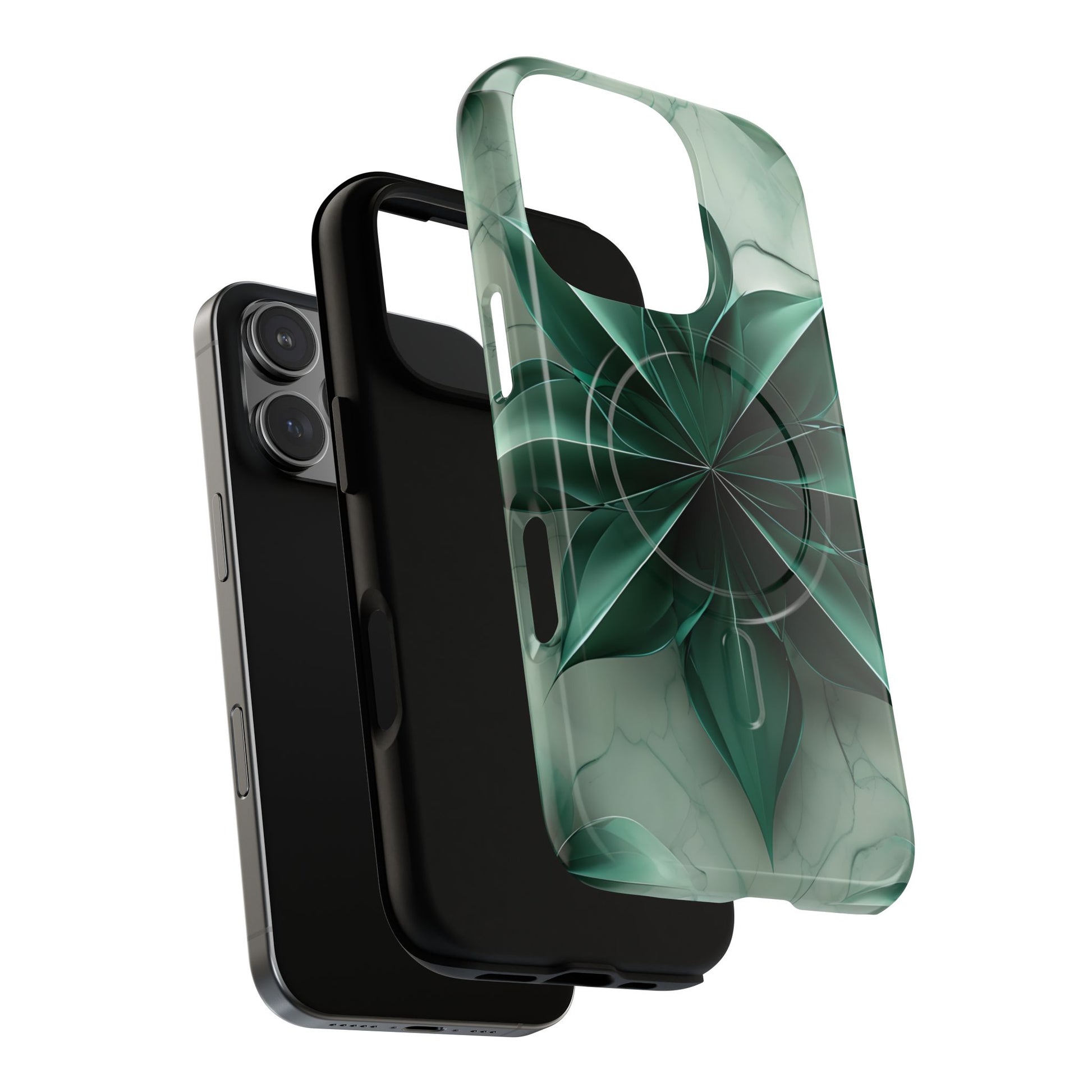 Emerald Bloom iPhone 16 Pro MagSafe Phone Case -Modern Symmetrical Floral Design, Green