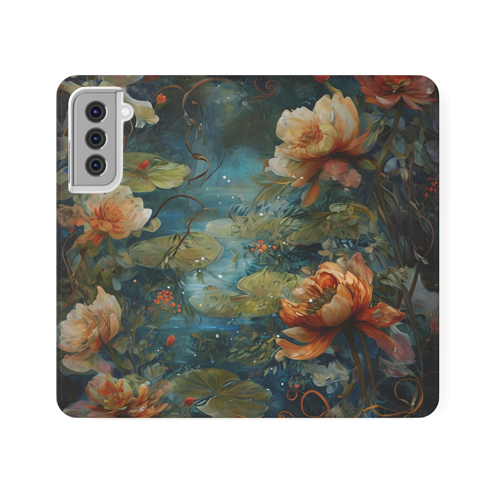Waterlily Nocturne Samsung Galaxy S21 Wallet Case - Elegant Floral Flip Cover, Vintage Botanical Phone Folio