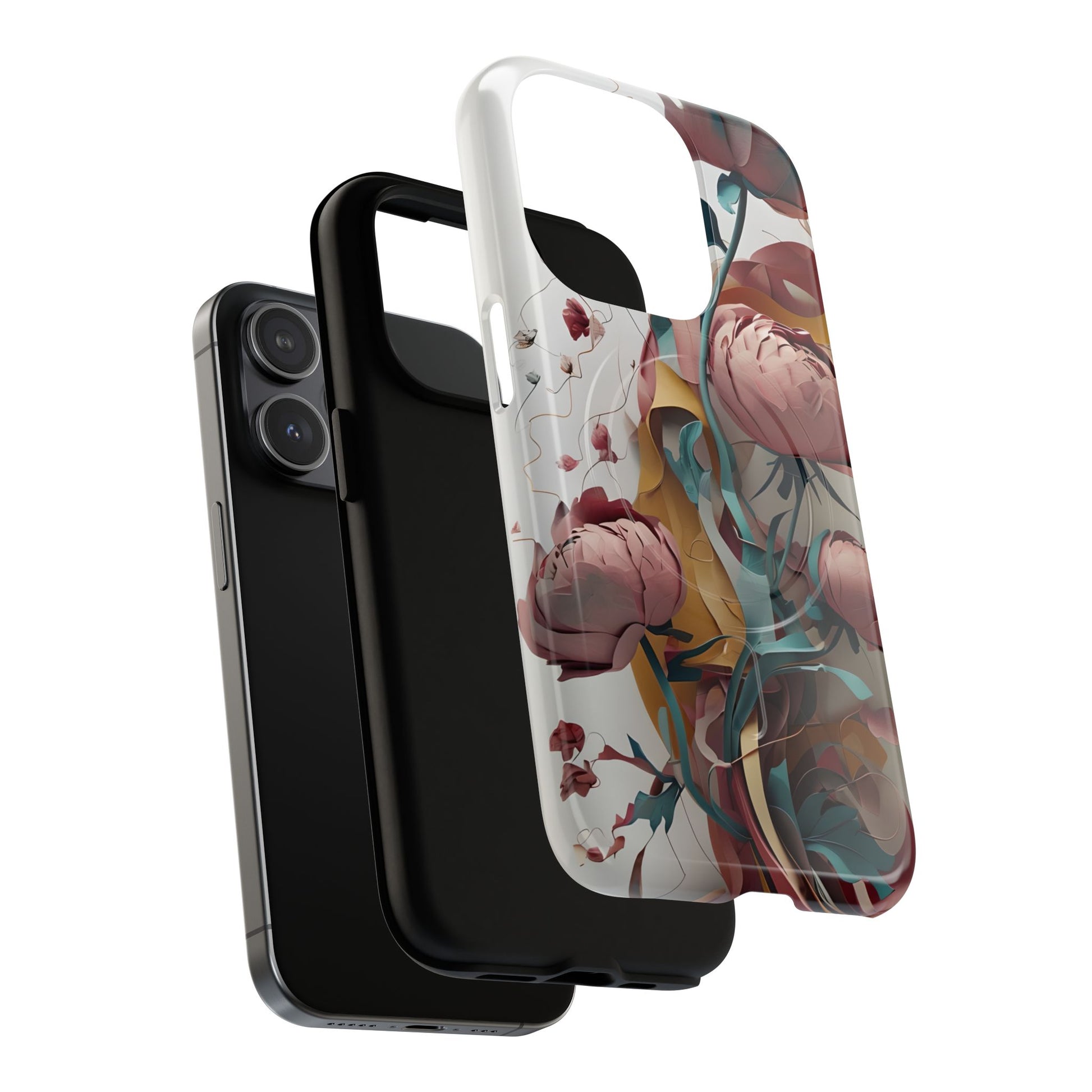 Blushing Peony Veil - Elegant Painterly Floral iPhone 15 Pro MagSafe Phone Case - Soft Blush & Teal Peony Design
