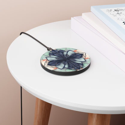 Midnight Mosaic abstract floral mandala Qi wireless charger on bedside table next to stacked books