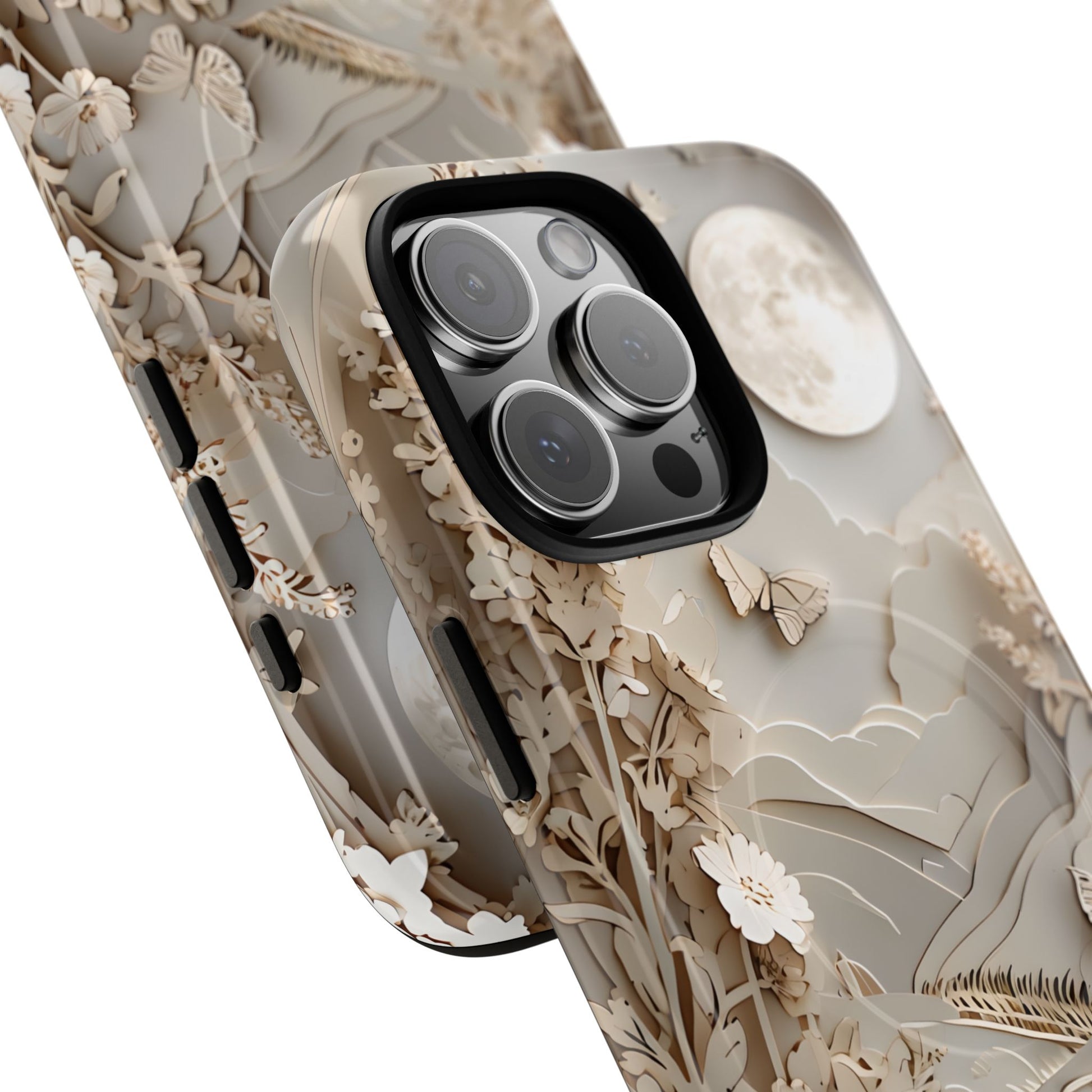 Moonlit Garden - Elegant Neutral Floral iPhone 16 Pro Max MagSafe Phone Case - Painterly Botanical & Moon Design