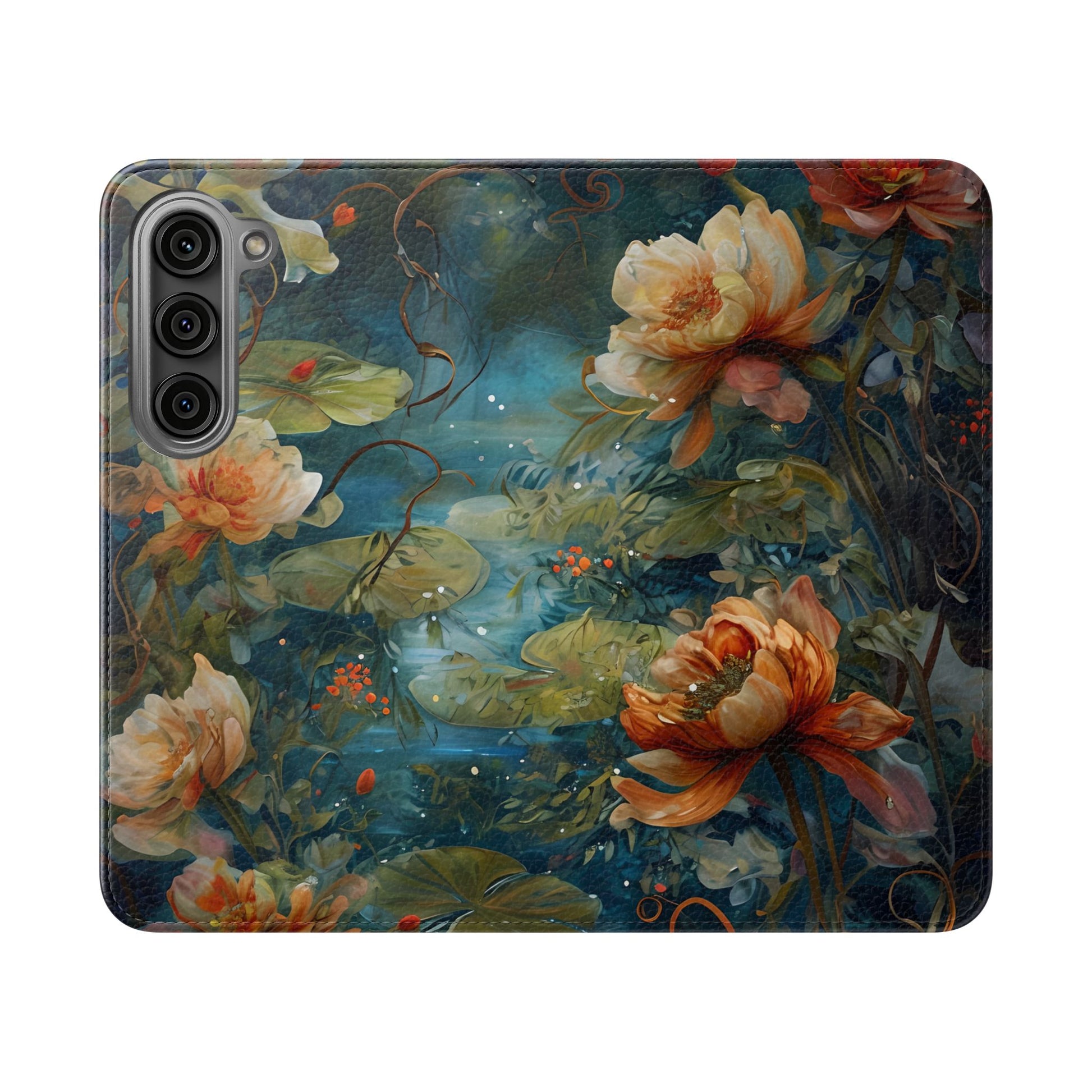 Waterlily Nocturne Samsung Galaxy S23 Wallet Case - Elegant Floral Flip Cover, Vintage Botanical Phone Folio
