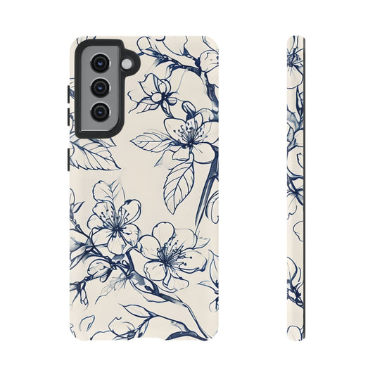 Blossom Sketch - Artistic Blue Floral Samsung Galaxy Tough Phone Case - Hand-Drawn Botanical Design