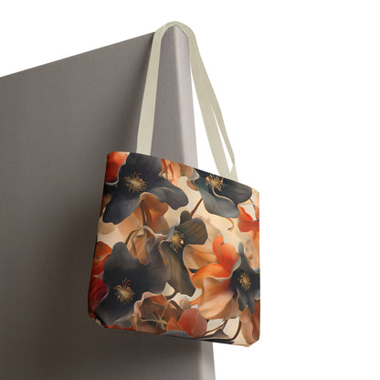 Autumn Ember canvas tote bag hanging with warm autumn ember floral pattern