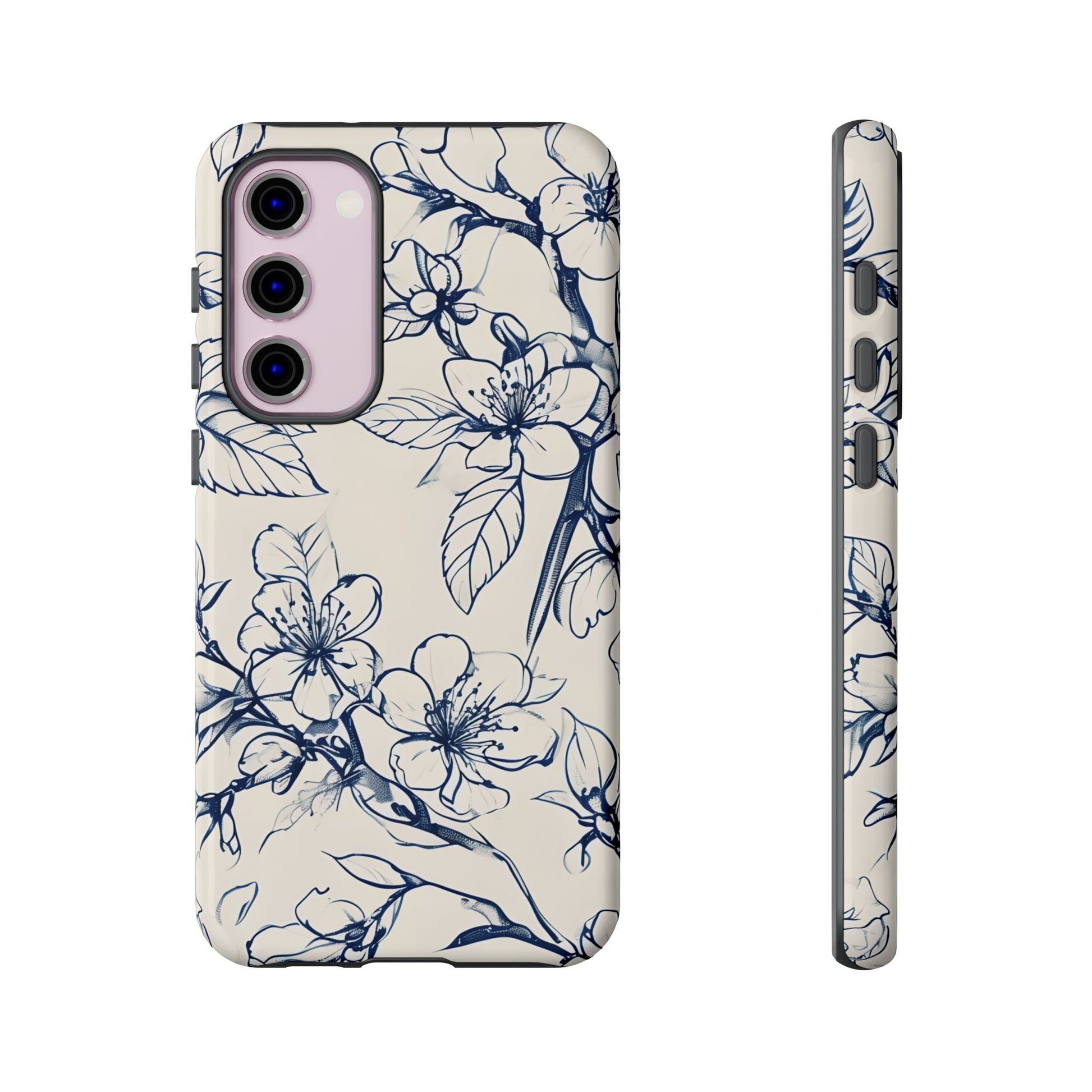 Blossom Sketch - Artistic Blue Floral Samsung Galaxy S23 Plus Tough Phone Case - Hand-Drawn Botanical Design