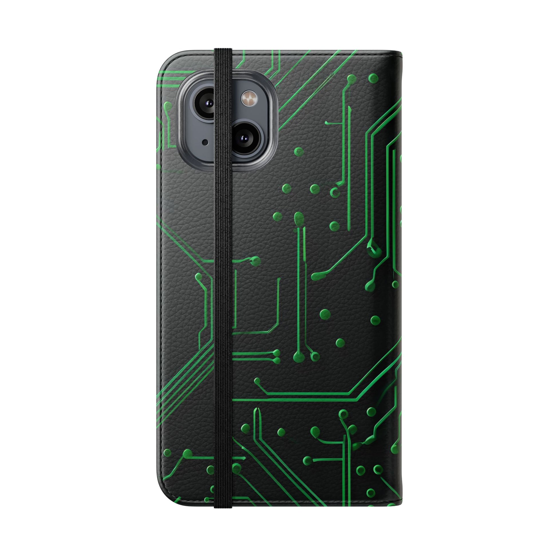Green Circuit Grid Wallet Phone Case - Green & Black Computer Circuit Design - Flip Cover for iPhone 14