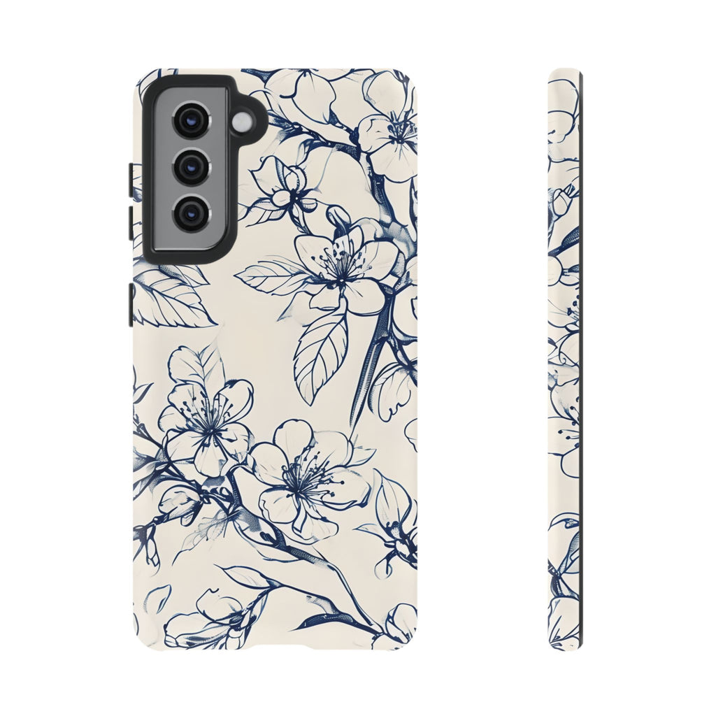 Blossom Sketch - Artistic Blue Floral Samsung Galaxy S21 Tough Phone Case - Hand-Drawn Botanical Design