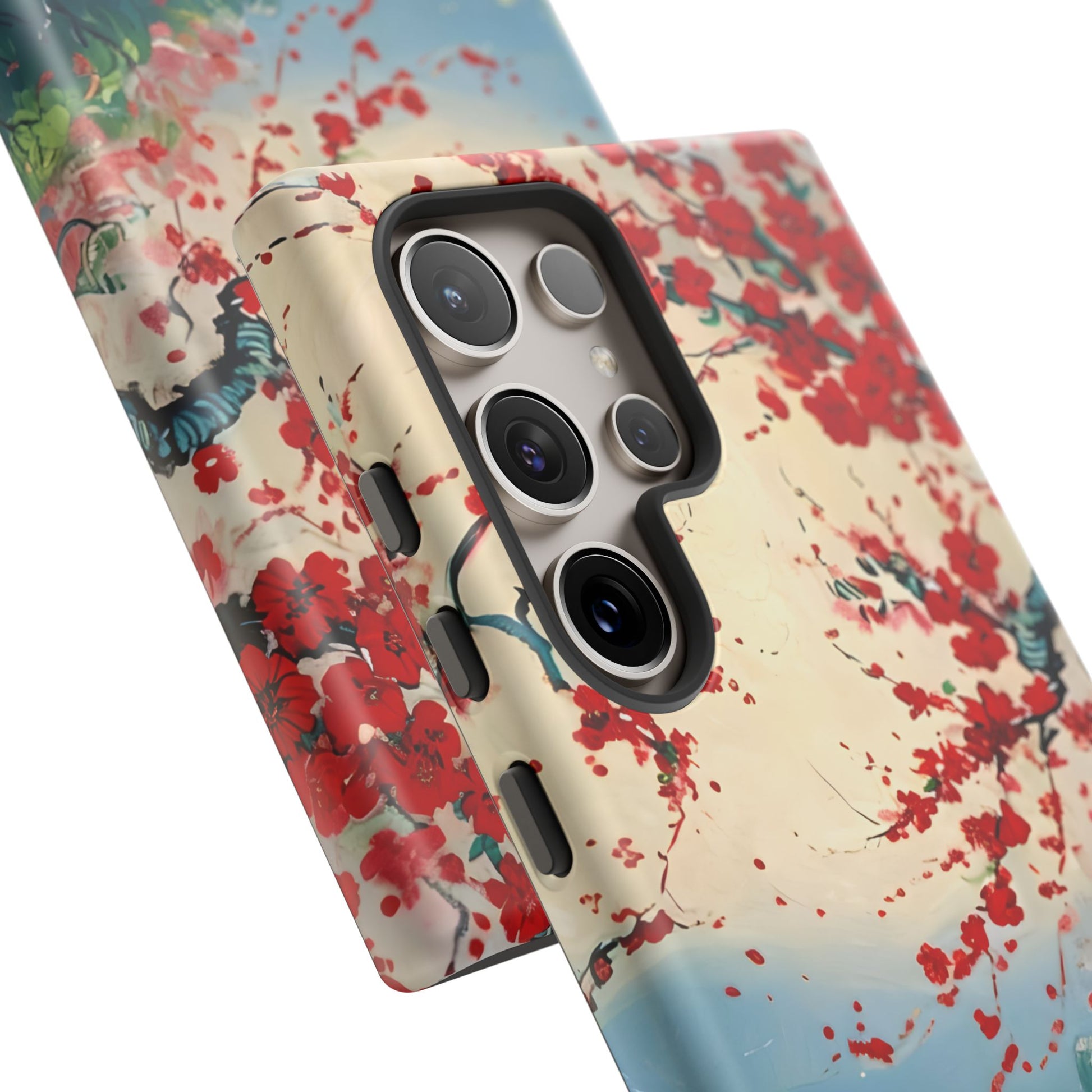 Crimson Blossom Lake - Artistic Floral Landscape Samsung Galaxy S24 Ultra Tough Phone Case - Red Cherry Blossoms & Serene Lake Design