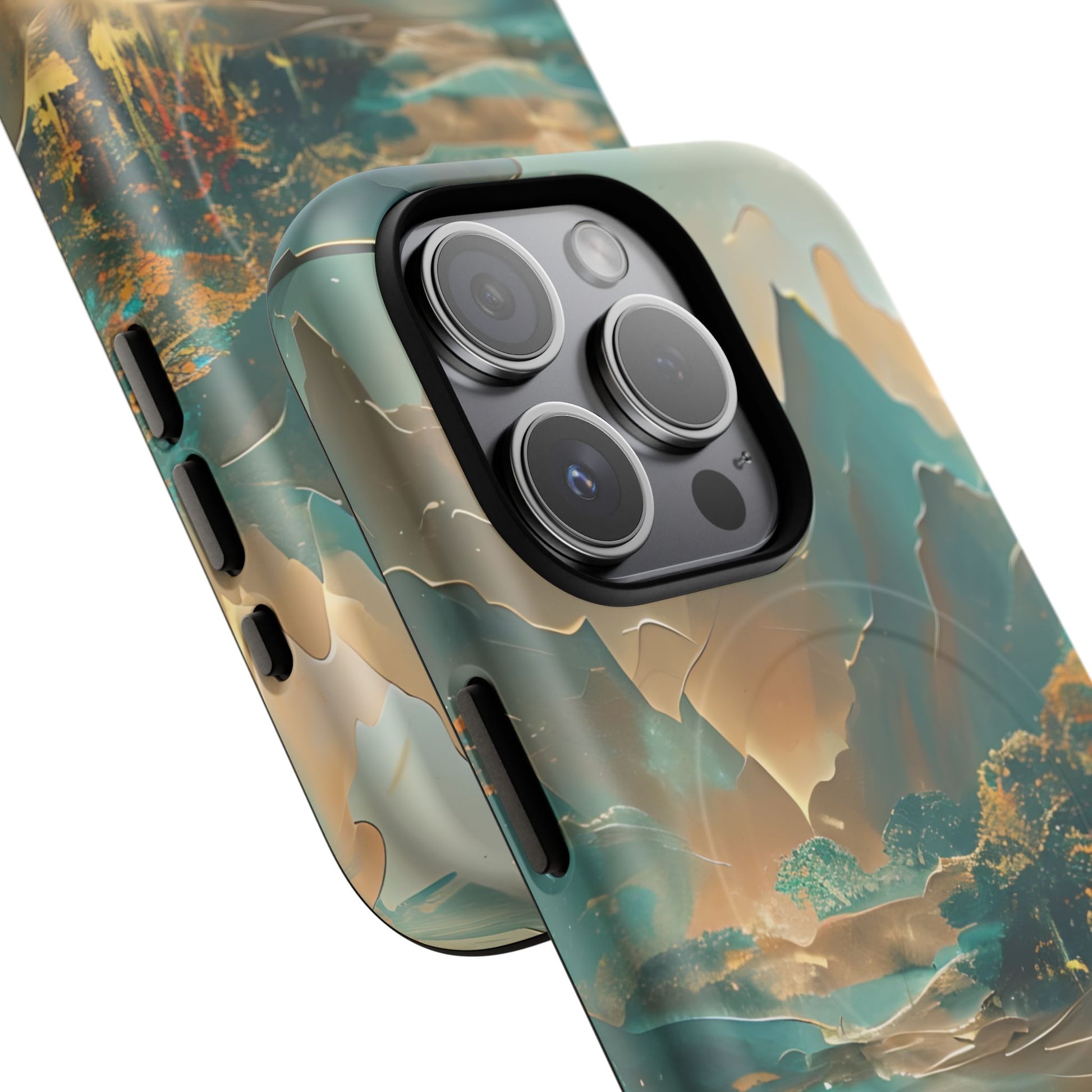 Misty Horizon - Serene Landscape Art iPhone 15 Pro MagSafe Phone Case - Tranquil Mountain & Lake Design