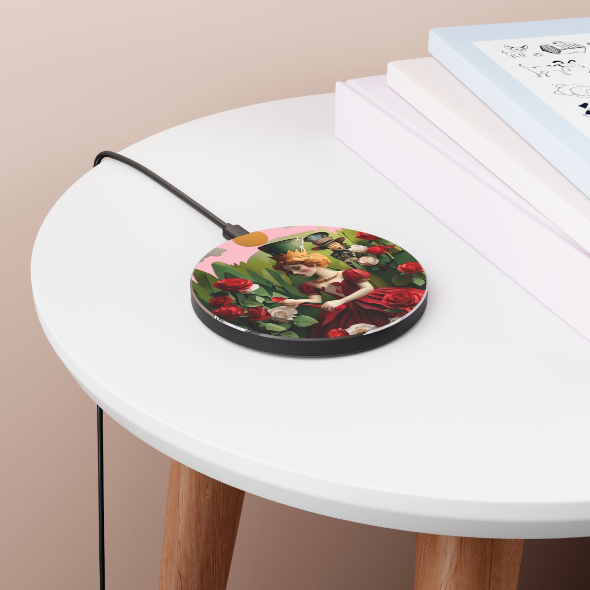 Royal Rose Court rose garden art Qi wireless charger on bedside table with books
