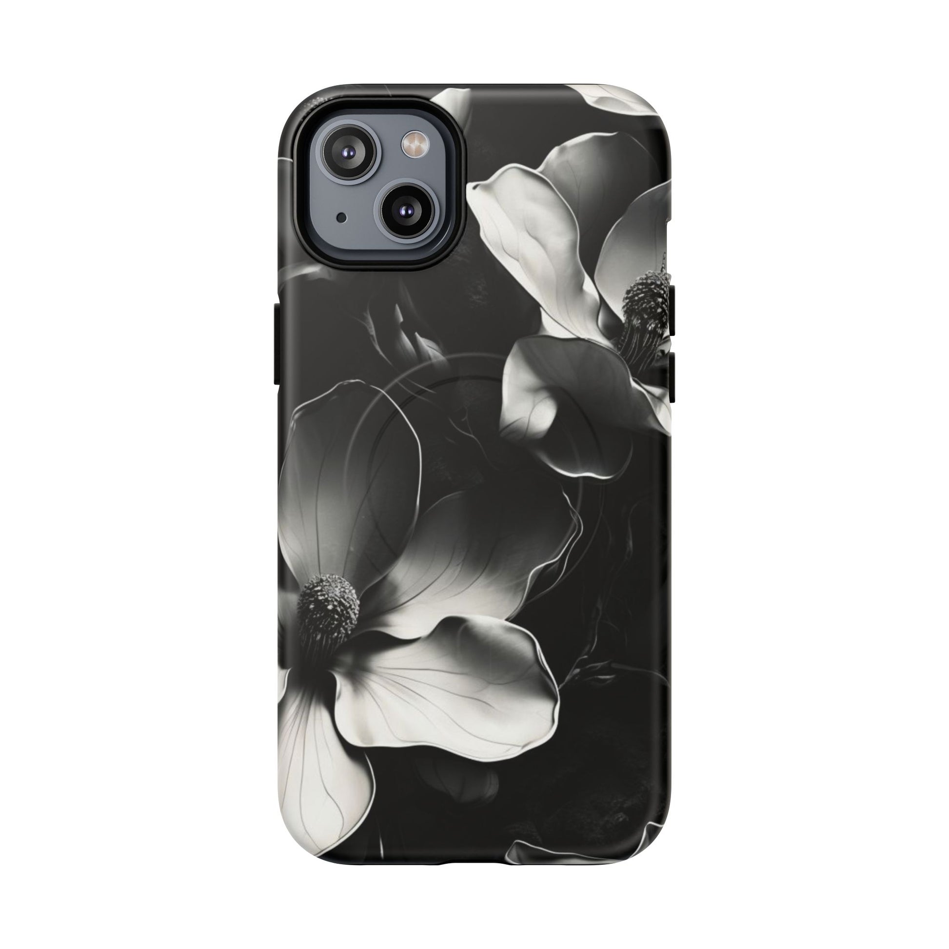 Monochrome Magnolia - Elegant Black & White Floral iPhone 14 Plus MagSafe Phone Case - Artistic Magnolia Design