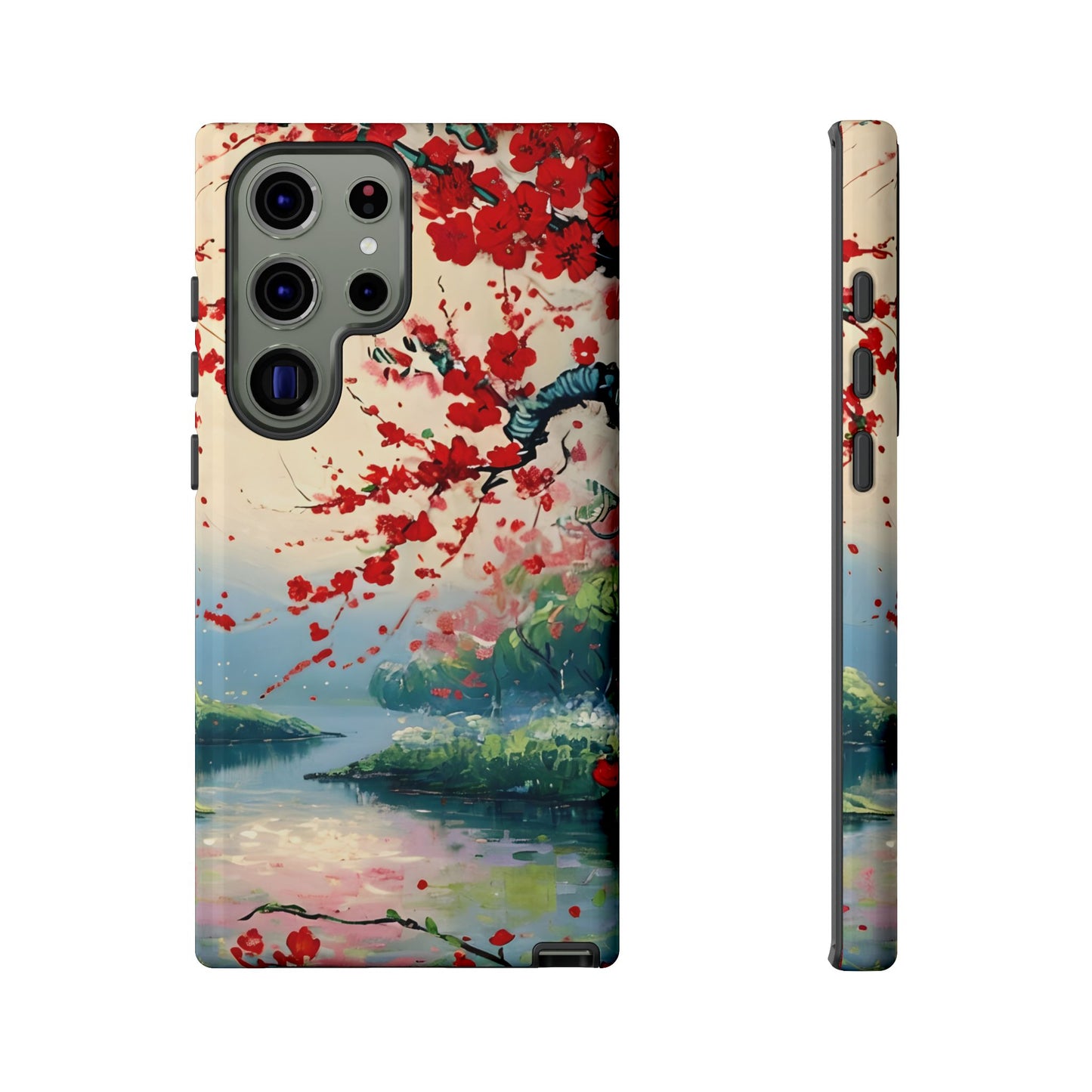 Crimson Blossom Lake red cherry blossoms wraparound Samsung Galaxy phone case front and side view