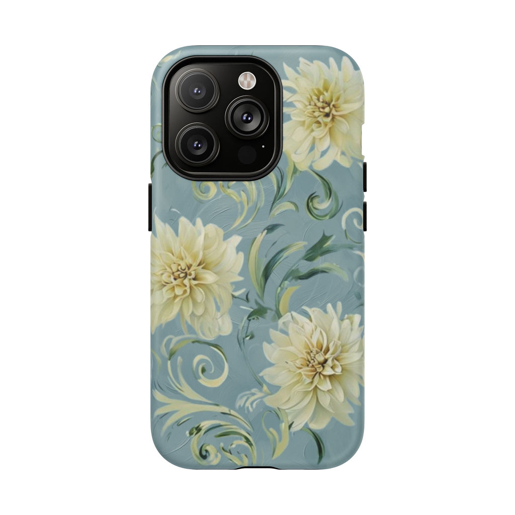 Golden Dahlia Trio - Elegant Floral iPhone 14 Pro MagSafe Phone Case - Artistic White & Blue Dahlia Design