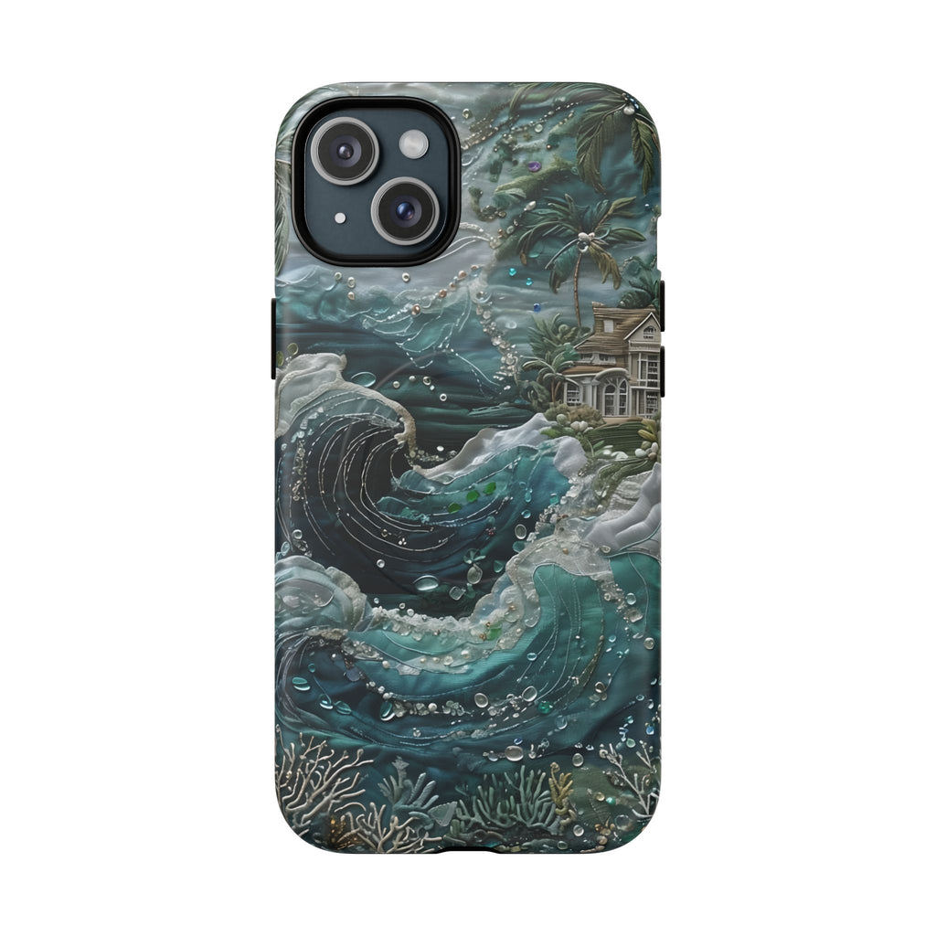 Tropical Midnight Wave - Artistic Ocean iPhone 15 Plus MagSafe Phone Case - Dramatic Blue Wave Design