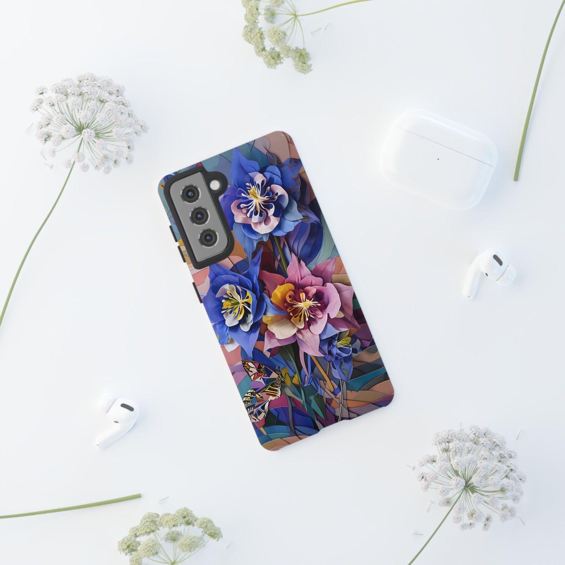 Blue Columbine Carnivale - Artistic Floral & Butterfly Samsung S21 Tough Phone Case - Vibrant Botanical Design