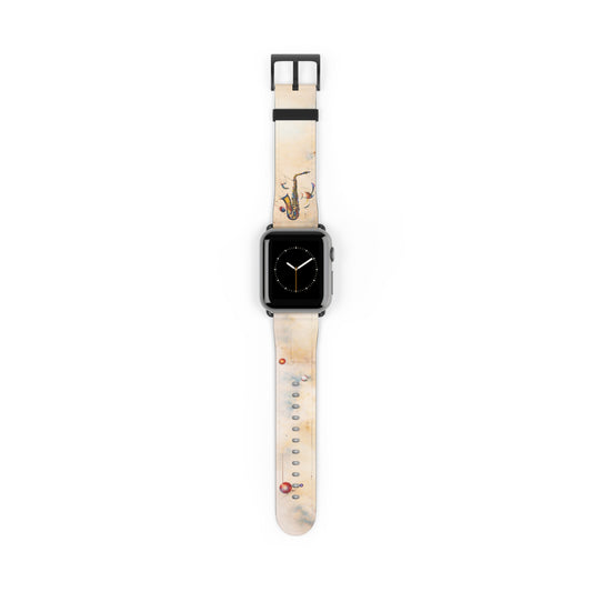 Brass Rhapsody Apple Watch band with watch face featuring saxophone artwork 