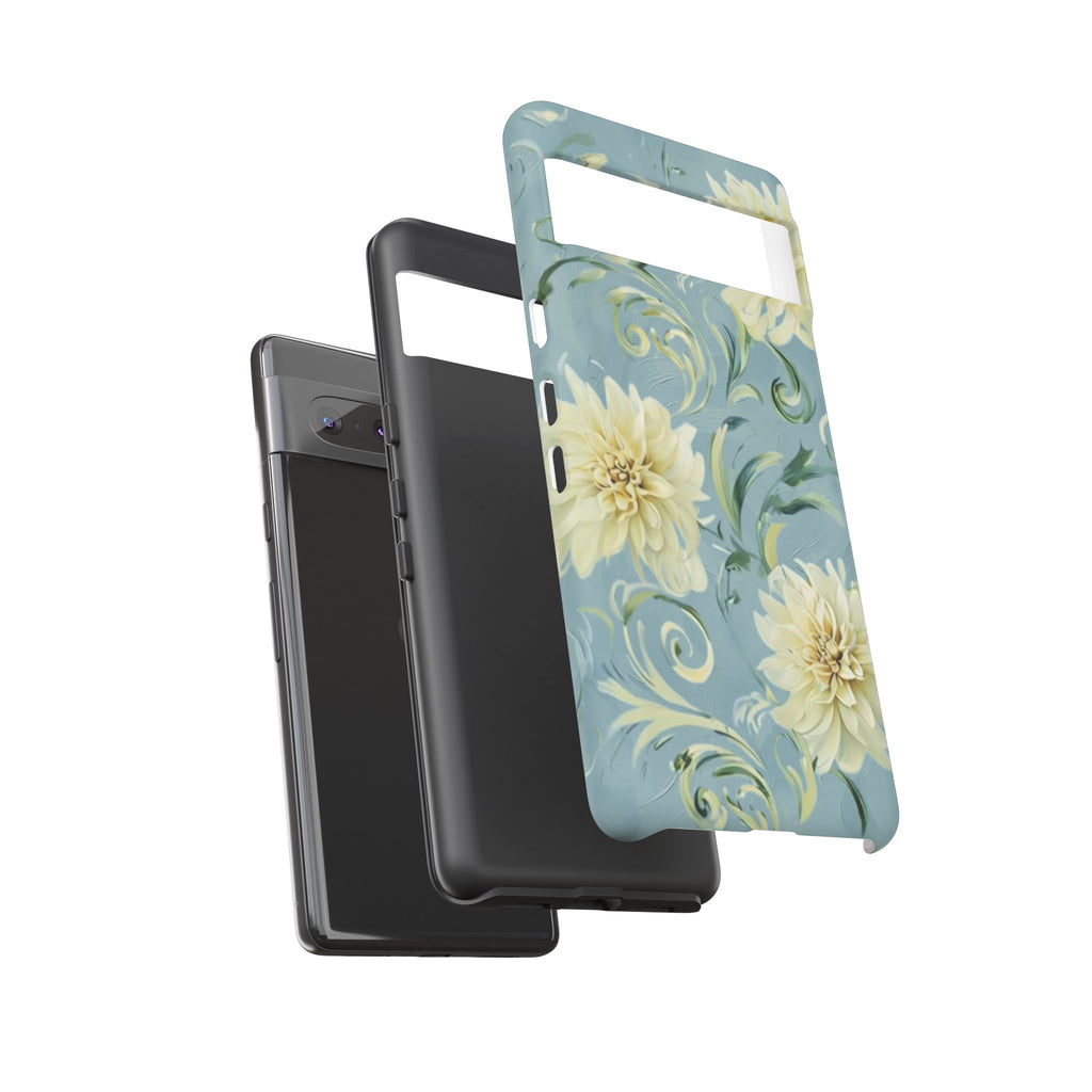 Golden Dahlia Trio - Elegant Floral Google Pixel 7 Tough Phone Case - Artistic White & Blue Dahlia Design