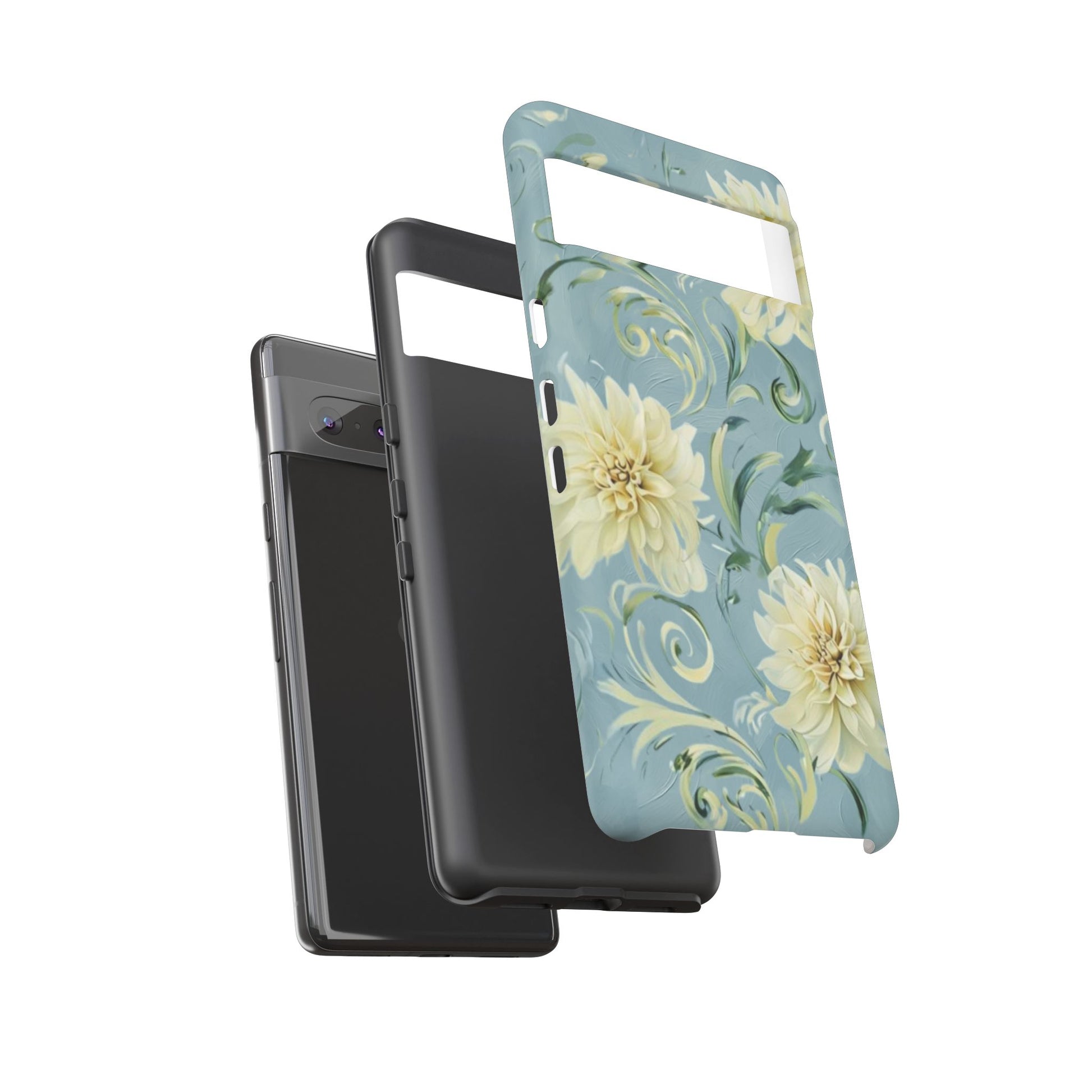 Golden Dahlia Trio - Elegant Floral Google Pixel 7 Tough Phone Case - Artistic White & Blue Dahlia Design