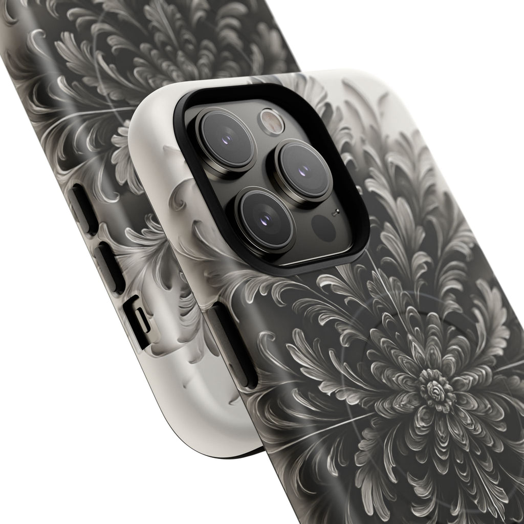 Obsidian Bloom - Elegant Black & White iPhone 14 Pro Max MagSafe Phone Case - Intricate Mandala Flower Design