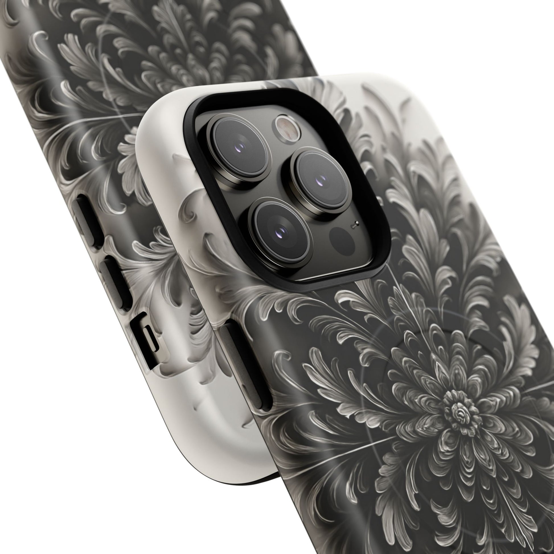 Obsidian Bloom - Elegant Black & White iPhone 14 Pro Max MagSafe Phone Case - Intricate Mandala Flower Design